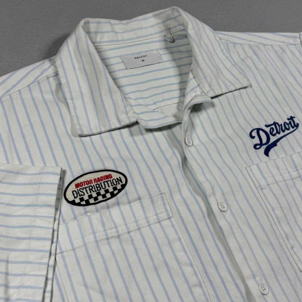 Absent Detroit Motor City Striped Short Sleeve Button Down Shirt White Blue Mens